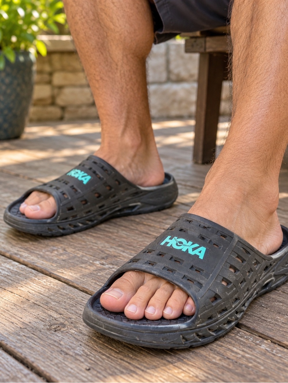 Hoka Men's Black Slide Sandals with Teal Logo Accent